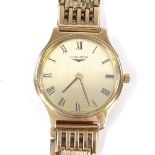 LONGINES - a Vintage 9ct gold mechanical wristwatch, ref. 3900 847, circa 1977, brushed gilt dial