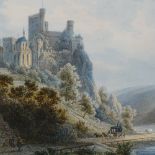 19th century hand coloured engraving, Continental castle, 5.5" x 10", framed Very good condition