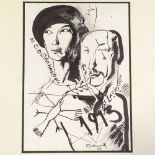 Ink drawing on paper, double portrait of Gontcharova and Larionov, signed and dated 1985, 19.5" x