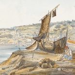 Gia Cinto Gigante (1806 - 1876), watercolour over a printed base, coastal scene, 1827, 7" x 10",