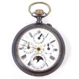 A Vintage gun metal-cased open-face top-wind full calendar pocket watch, white enamel dial with