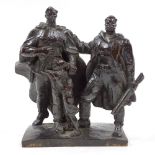 Mid-20th century Russian patinated bronze sculpture, 2 soldiers carrying machine guns with a young