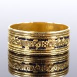 A Georgian unmarked high carat gold black enamel mourning band ring, memorial inscription to "Elenor