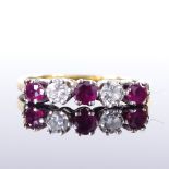 An 18ct gold 5-stone ruby and diamond half-hoop ring, total diamond content approx 0.12ct, maker's