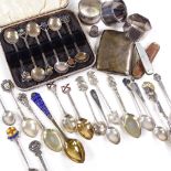 Various silver, including set of 6 stone set Arts and Crafts coffee spoons, various souvenir spoons,