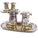 2 Mexican sterling silver cruet sets, comprising tray, salt and pepper, TC-39, tray length 10cm, 5.