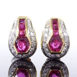 A pair of Art Deco style unmarked gold ruby and diamond earrings, set with oval and square-cut