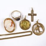 Various gold jewellery, including unmarked Madonna and Child pendant, 9ct bracelet, 18ct framed