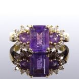 An 18ct gold amethyst and diamond cluster dress ring, setting height 8mm, size N, 4.9g Very good