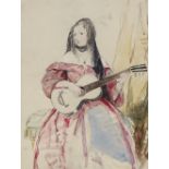 John Rogers Herbert, watercolour, woman playing a guitar, 9" x 7", framed Very good condition