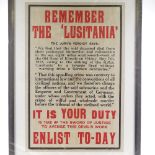 An original First War Period Parliamentary Recruiting Committee poster "Remember the Lusitania,