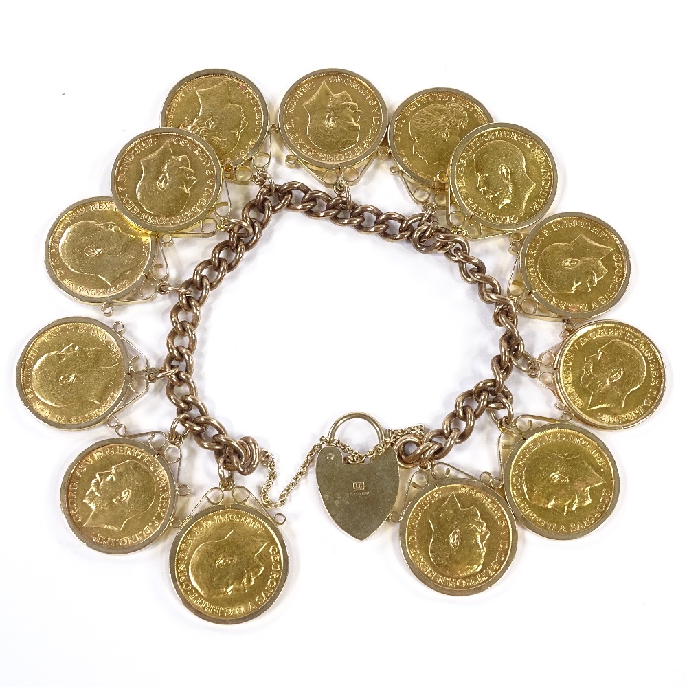 13 gold sovereigns mounted on a 9ct gold charm bracelet, gross weight 144g - Image 3 of 3