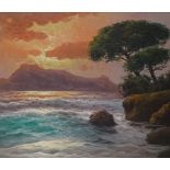 Carlo Casati (1889 - 1965), oil on canvas, sunset coastal view, 24" x 48", framed