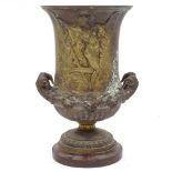 Albert Dammouse (1848 - 1926), bronze 2-handled urn with relief moulded Classical figures on red