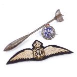 A First War Period Flechette Dart (type 2), length 12cm, and an RFC wings badge, and a silver and