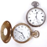 2 pocket watches, comprising gold plated Waltham half-hunter and a James Wadsworth silver open-