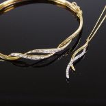 A 9ct gold diamond crossover pendant necklace and hinged bangle set, chain length 44cm, bangle