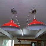 A pair of industrial style red painted metal light fittings, W41cm