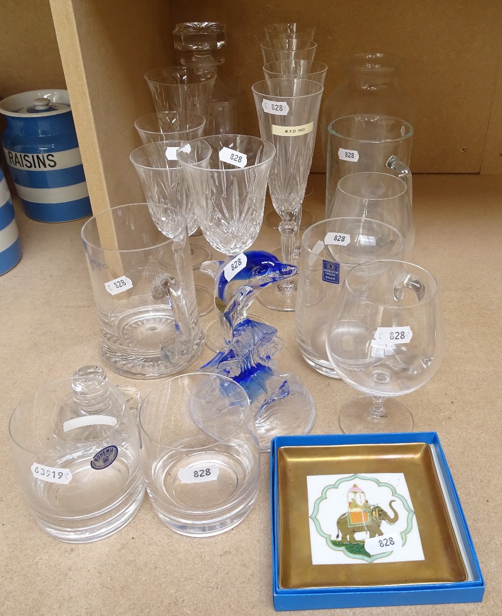 Crystal champagne flutes, decanter, dolphin, French porcelain elephant dish etc