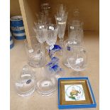 Crystal champagne flutes, decanter, dolphin, French porcelain elephant dish etc