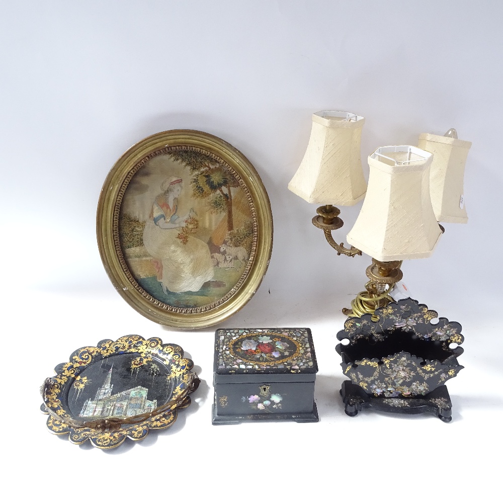 A collection of painted papier mache items, a brass 3-branch cherub table lamp, and a silk