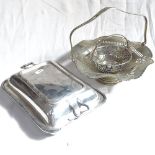 A silver plated swing-handled fruit basket, entree dish, and another (3)