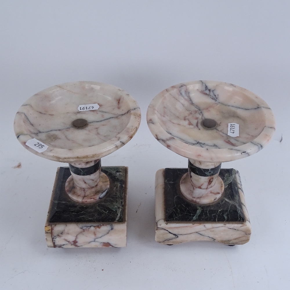 An Art Deco pink marble 3-piece clock garniture, with sectional case and brass mounts, clock - Image 3 of 3