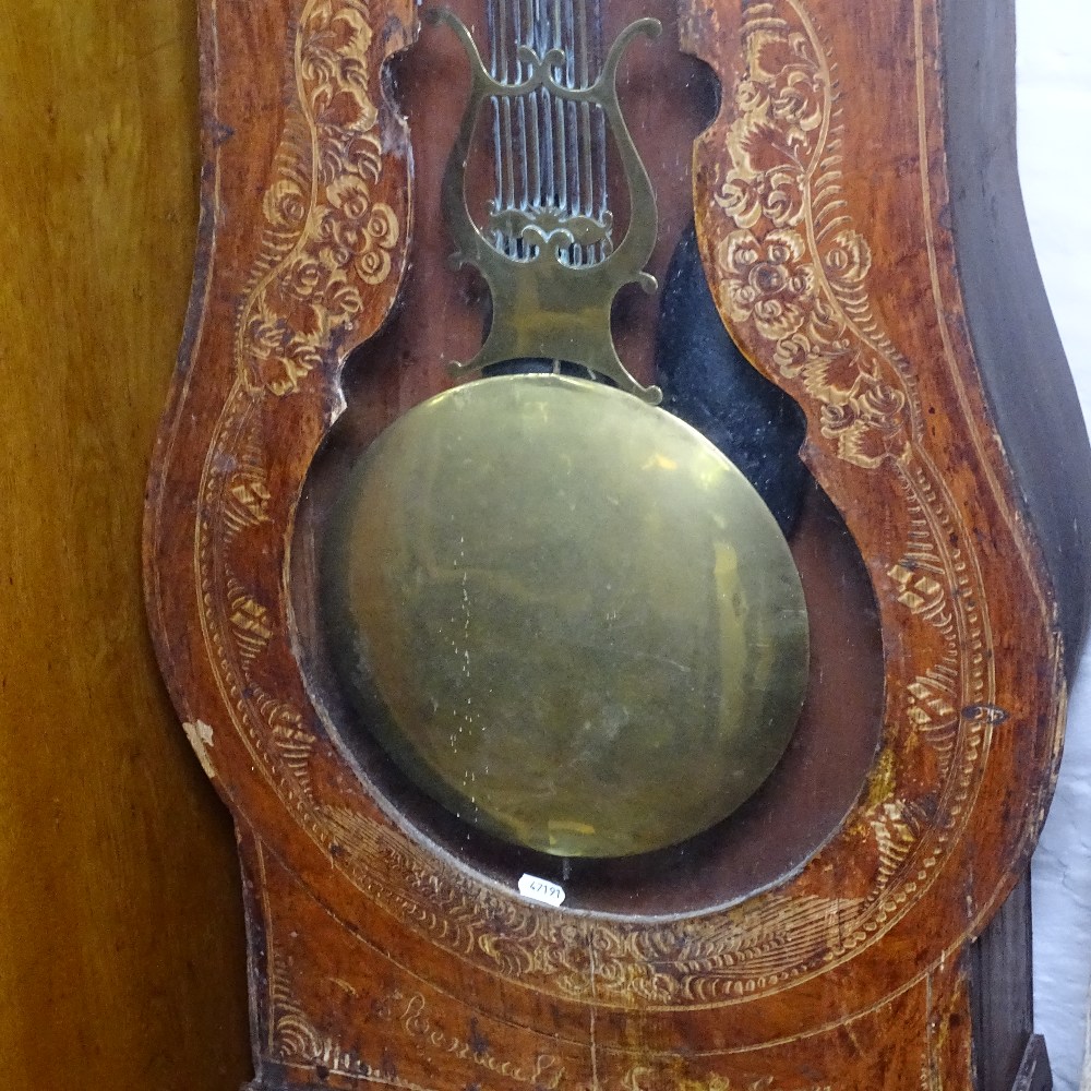 An Antique French pine-case comtoise clock, with white enamel dial, 2-train movement and ornate - Image 3 of 3