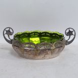 A WMF electroplate green glass 2-handled fruit bowl, pierced floral swag decoration, diameter