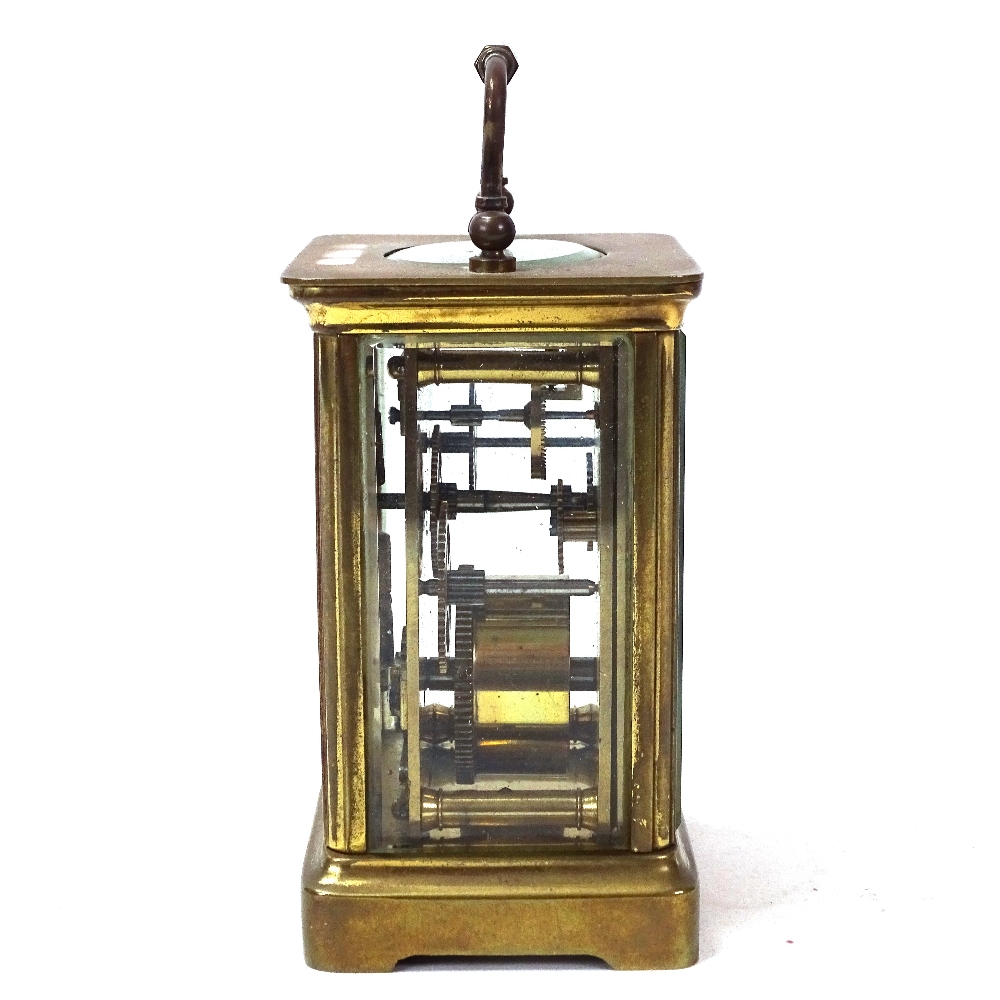 A brass-cased carriage clock, case height 11cm, not currently working, with key - Image 2 of 3