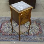 A French beech and marble-top pot cupboard, with single frieze drawer and cabriole legs, W38cm,