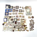 A quantity of British and world coins, including silver American dollars, banknotes, crowns, etc
