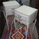 A pair of cream painted 2-drawer bedside chests, on cabriole legs, W37cm, H70cm