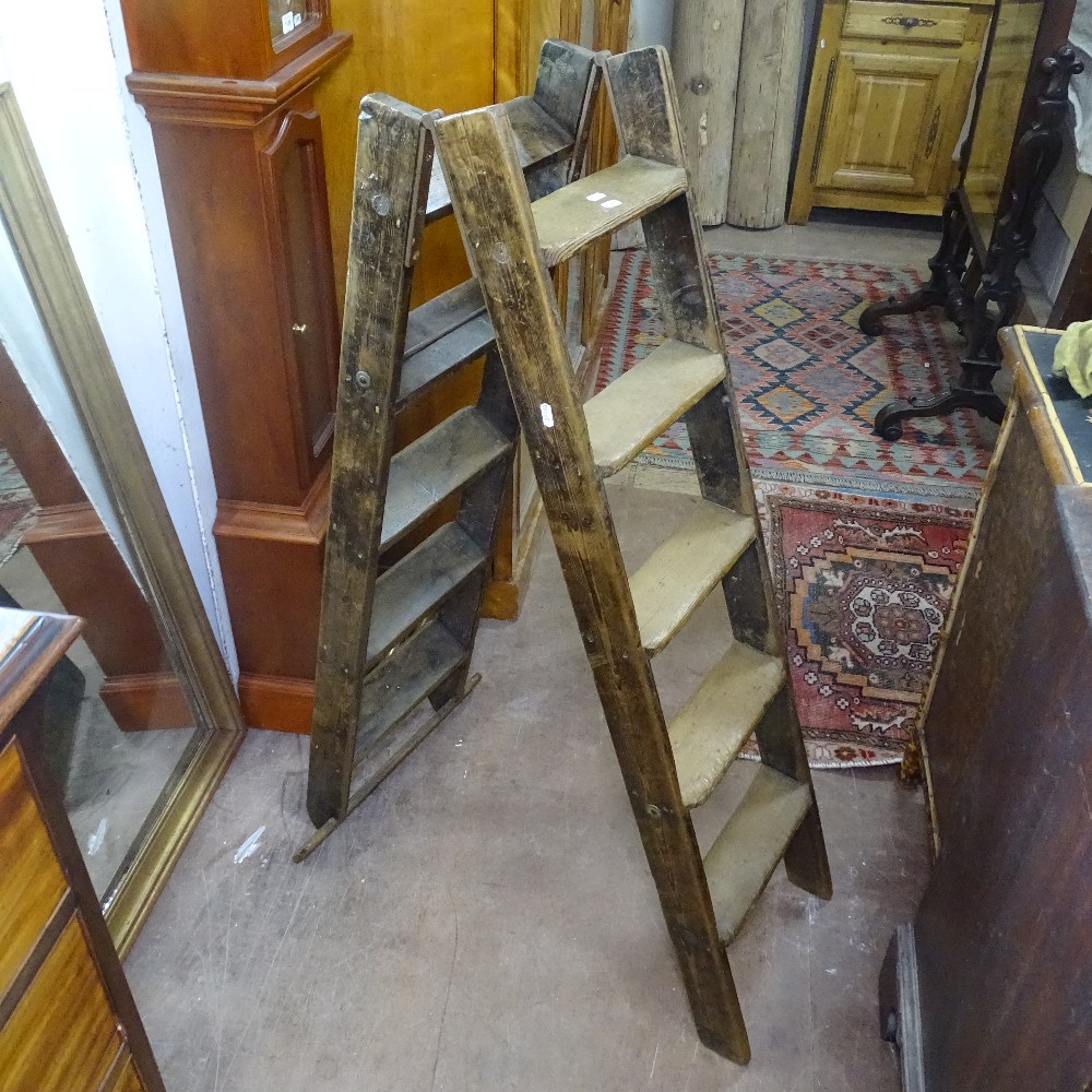 A Vintage polished pine folding library ladder, overall length 250cm