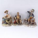 3 Capodimonte figures on benches, tallest 30.5cm