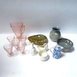Upchurch Pottery vase, 15cm, a Highwoods Pottery bowl, a water set, Belique items, etc