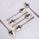 A set of 6 Art Nouveau silver-gilt enamel coffee spoons, with scrolled foliate decoration, by Turner