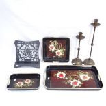 A pair of mottled brass candlesticks, Oriental trays etc