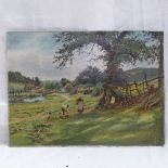 Thomas James Purchas, oil on card, farmyard scene, signed and dated 1890, unframed, 29cm x 40cm