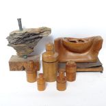 A driftwood sculpture, a Tribal Art sculpture, and 4 graduated turned wood bottle carriers (7)