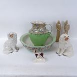 A pair of Victorian Staffordshire mantel Spaniels and another, 3 reconstituted stone figures, and an