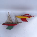 2 painted wood pond yachts, with collapsible masts, hull length 35cm (2)