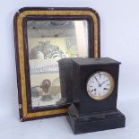 A 19th century slate-cased mantel clock, and a plaster-framed wall mirror, clock height 26cm (2)