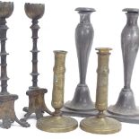 2 pairs of brass table candlesticks, and a pair of pewter Nouveau candlesticks, largest height