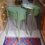 A pair of green painted metal oval side tables, with double-end frieze drawers, W51cm, D31cm, H74cm