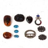 Various Egyptian carved Scarab beetles, novelty creatures in amber, banded agate heart pendant,