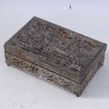 An Oriental silver plated rectangular cigarette box, relief and pierced lake and floral lid,