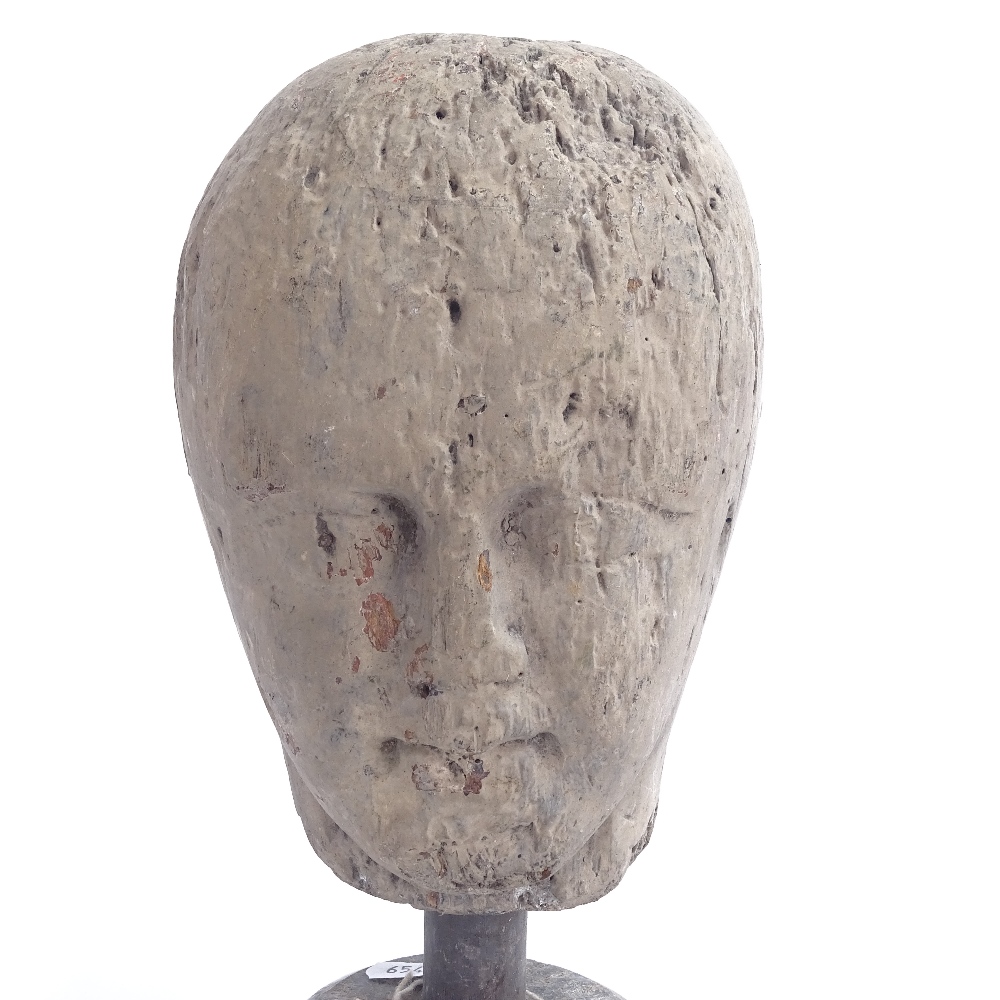 A 19th century carved and painted wood head sculpture, unsigned, on modern marble plinth, overall - Image 2 of 3