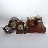 Silver plated teapot, Napoleon-shape mantel clock, oak biscuit barrels etc