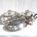 A pair of shaped entree dishes and covers, another by Fenton Brothers Ltd, a 3-piece silver plated